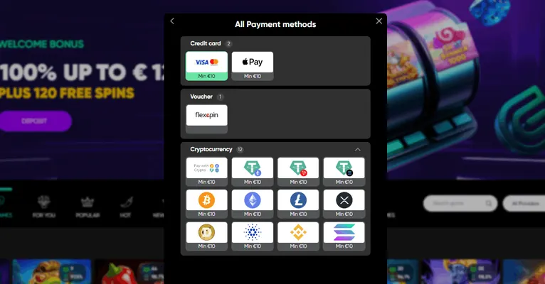 Granawin Casino Einzahlung und Zahlungsmethoden Screenshot
